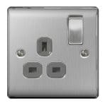 Brushed Steel Switched Socket 13a Black Inset