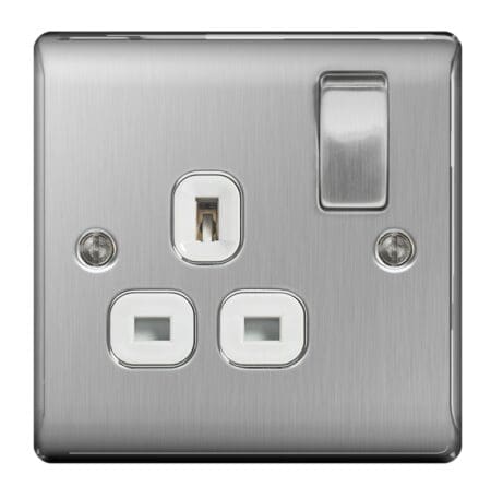 Brushed Steel Switched Socket 13a White Inset