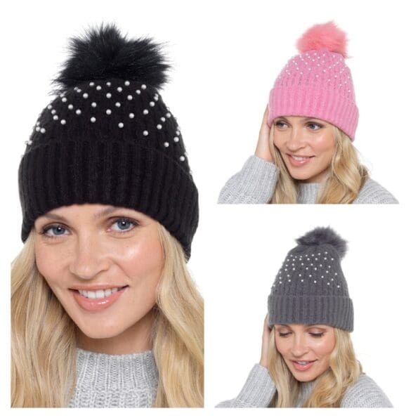 Ladies Rib Hat With Pearls & Bobble